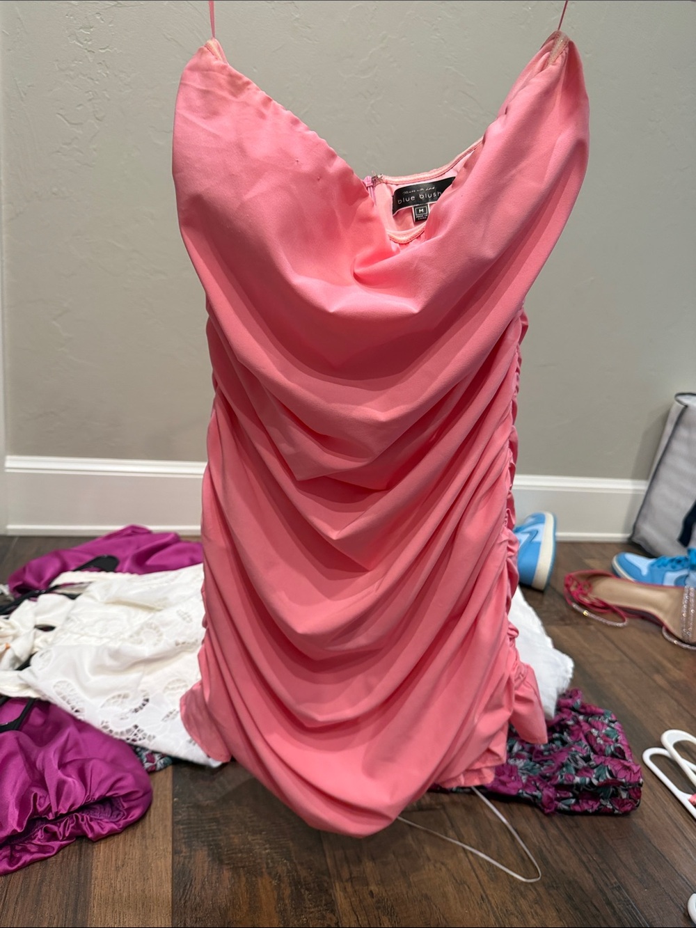 Blush Coral-Pink Ruched Mini Dress